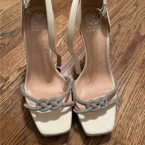 Vince Camuto Ivory Knot-Embellished Open-Toe Heels